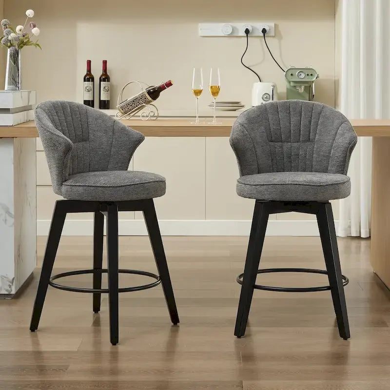 Wing Back Swivel Bar Stools Set of 2 - 25  Counter Height Adjustable Stools with Wood Legs & Chenille Upholstery, Leveling Feet
