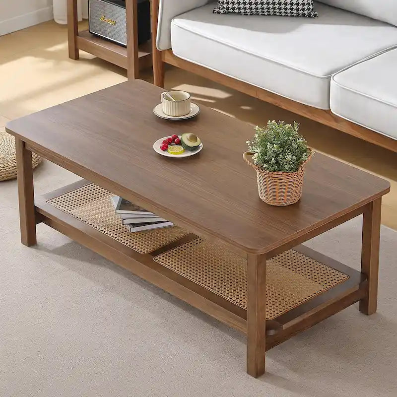 2-Tier Rectangular Coffee Table with Rattan Storage Shelf - 47.2 L x 23.6 W x 17.7 H