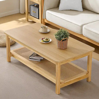 2-Tier Rectangular Coffee Table with Rattan Storage Shelf - 47.2 L x 23.6 W x 17.7 H