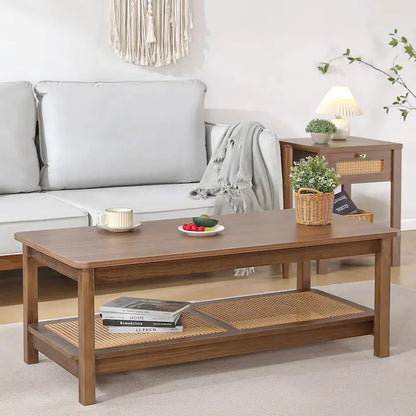 2-Tier Rectangular Coffee Table with Rattan Storage Shelf - 47.2 L x 23.6 W x 17.7 H