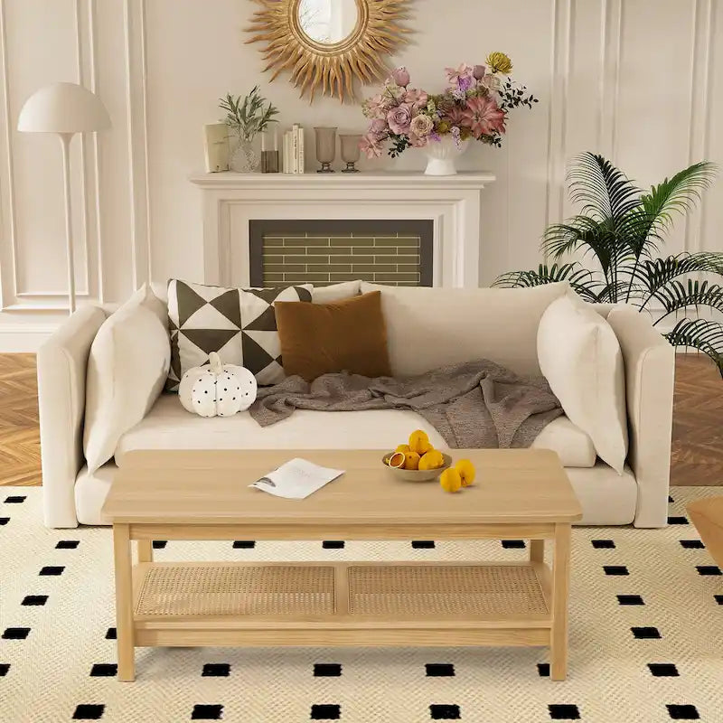 2-Tier Rectangular Coffee Table with Rattan Storage Shelf - 47.2 L x 23.6 W x 17.7 H