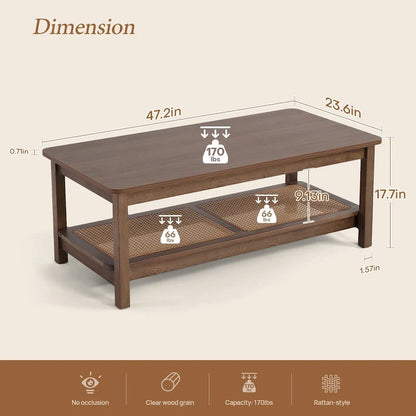 2-Tier Rectangular Coffee Table with Rattan Storage Shelf - 47.2 L x 23.6 W x 17.7 H