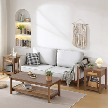 2-Tier Rectangular Coffee Table with Rattan Storage Shelf - 47.2 L x 23.6 W x 17.7 H
