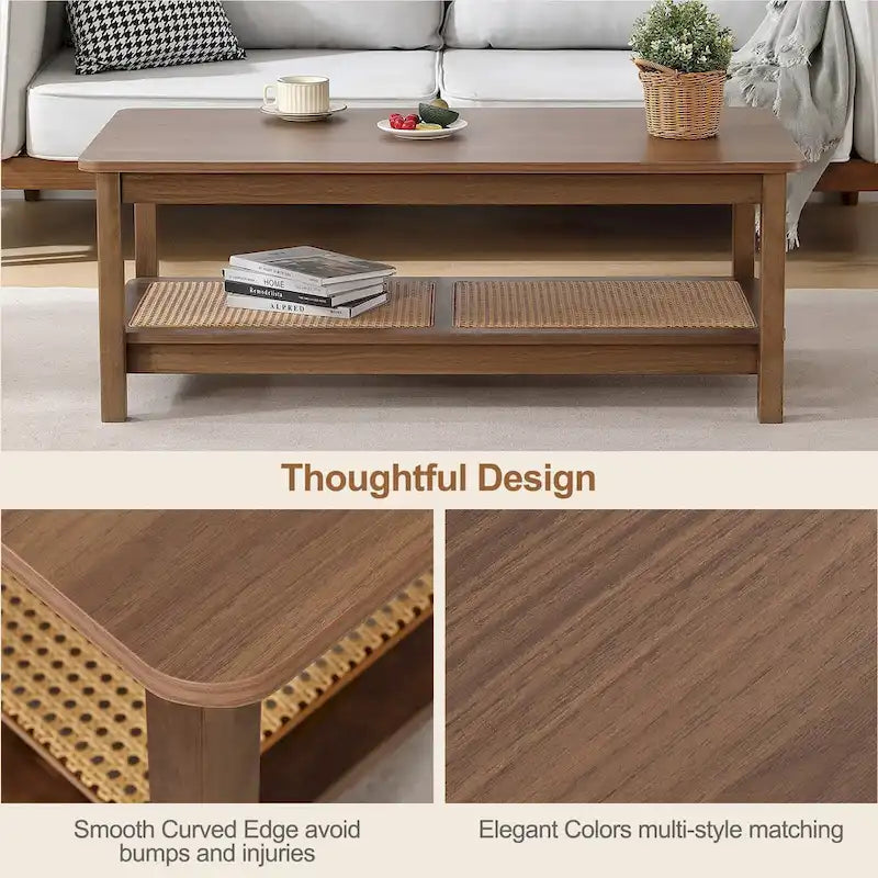2-Tier Rectangular Coffee Table with Rattan Storage Shelf - 47.2 L x 23.6 W x 17.7 H