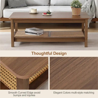 2-Tier Rectangular Coffee Table with Rattan Storage Shelf - 47.2 L x 23.6 W x 17.7 H