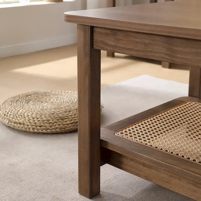 2-Tier Rectangular Coffee Table with Rattan Storage Shelf - 47.2 L x 23.6 W x 17.7 H
