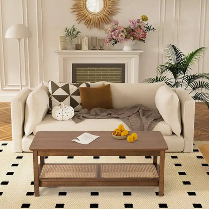 2-Tier Rectangular Coffee Table with Rattan Storage Shelf - 47.2 L x 23.6 W x 17.7 H