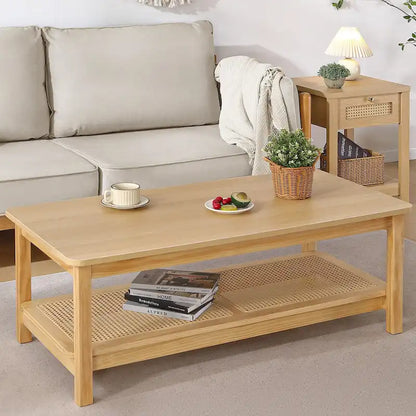 2-Tier Rectangular Coffee Table with Rattan Storage Shelf - 47.2 L x 23.6 W x 17.7 H