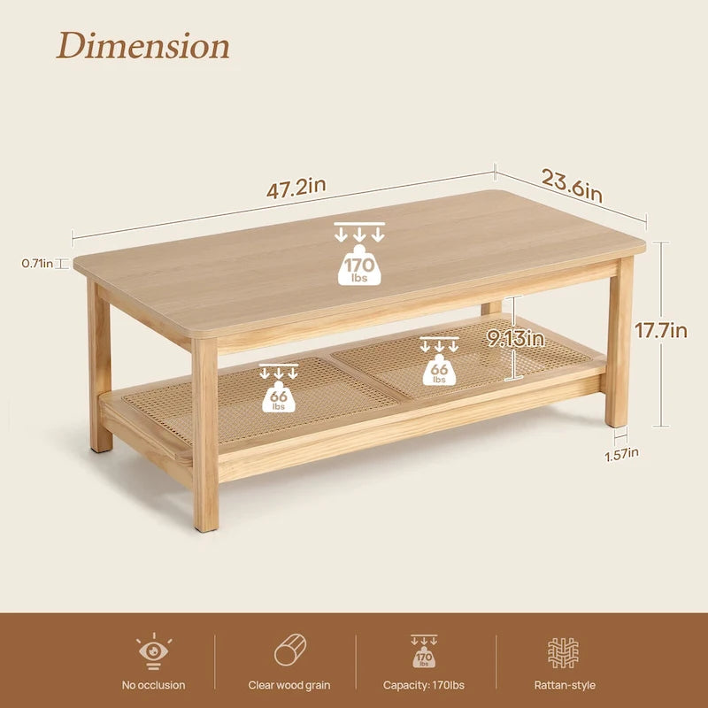 2-Tier Rectangular Coffee Table with Rattan Storage Shelf - 47.2 L x 23.6 W x 17.7 H