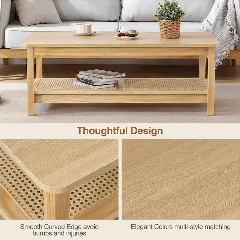 2-Tier Rectangular Coffee Table with Rattan Storage Shelf - 47.2 L x 23.6 W x 17.7 H