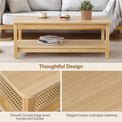 2-Tier Rectangular Coffee Table with Rattan Storage Shelf - 47.2 L x 23.6 W x 17.7 H