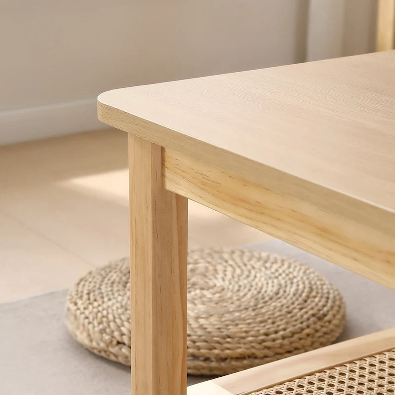2-Tier Rectangular Coffee Table with Rattan Storage Shelf - 47.2 L x 23.6 W x 17.7 H
