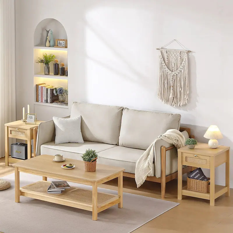 2-Tier Rectangular Coffee Table with Rattan Storage Shelf - 47.2 L x 23.6 W x 17.7 H