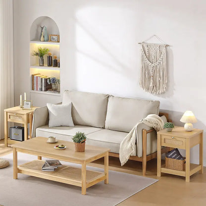 2-Tier Rectangular Coffee Table with Rattan Storage Shelf - 47.2 L x 23.6 W x 17.7 H