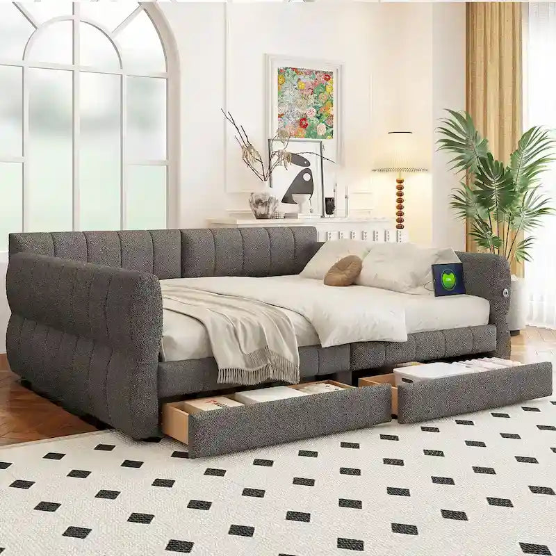 Queen Size Upholstered Bed with USB Charging - Platform Bed Frame with 2 Storage Drawers - Luxurious Fabric Headboard Included