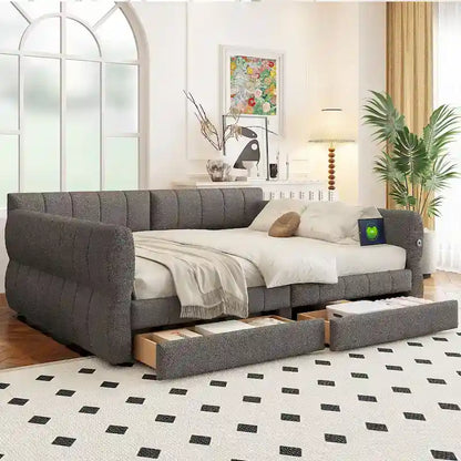 Queen Size Upholstered Bed with USB Charging - Platform Bed Frame with 2 Storage Drawers - Luxurious Fabric Headboard Included