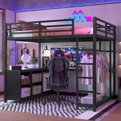 Metal Loft Bed with Wardrobe & L-Shaped Desk - Queen/Full Size Space-Saving Bed with Storage Cubes & Shelves for Teens/Adults
