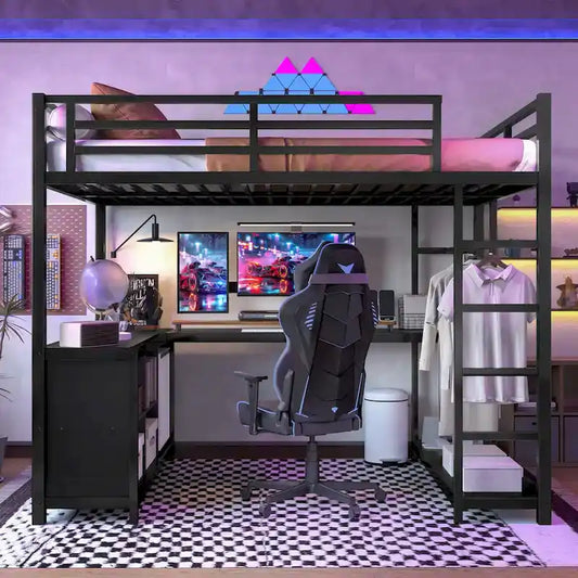 Metal Loft Bed with Wardrobe & L-Shaped Desk - Queen/Full Size Space-Saving Bed with Storage Cubes & Shelves for Teens/Adults