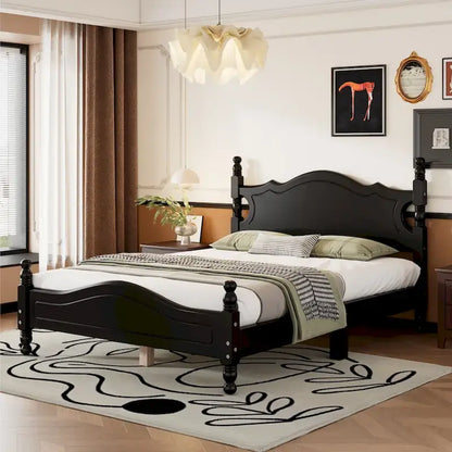 Full Size Wood Platform Bed Frame, Retro Style Upholstered Bed w/ Solid Wooden Slat Support, No Box Spring Needed, Easy Assembly