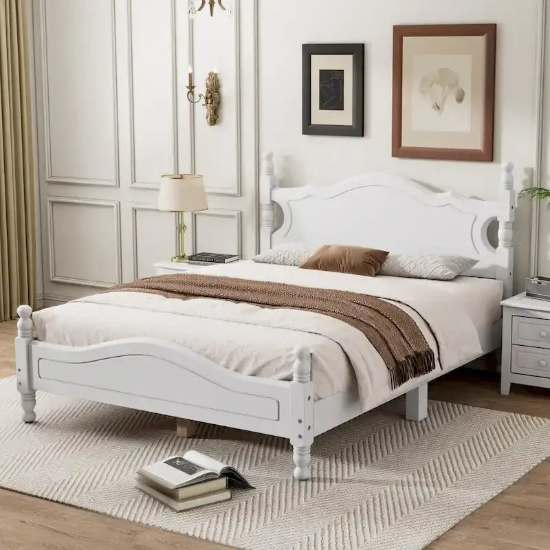 Full Size Wood Platform Bed Frame, Retro Style Upholstered Bed w/ Solid Wooden Slat Support, No Box Spring Needed, Easy Assembly