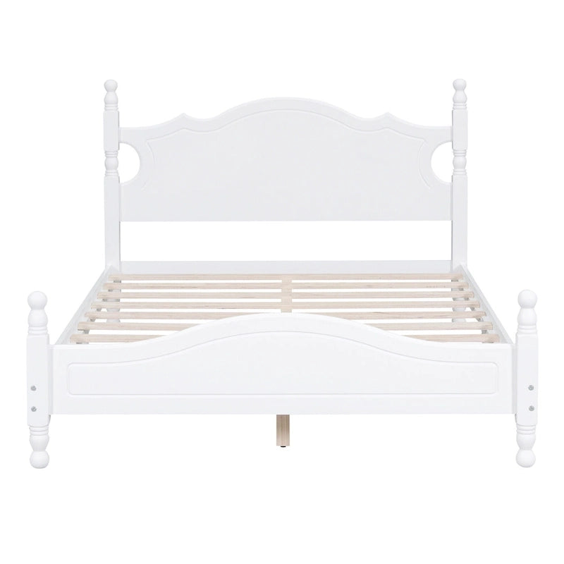 Full Size Wood Platform Bed Frame, Retro Style Upholstered Bed w/ Solid Wooden Slat Support, No Box Spring Needed, Easy Assembly