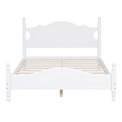 Full Size Wood Platform Bed Frame, Retro Style Upholstered Bed w/ Solid Wooden Slat Support, No Box Spring Needed, Easy Assembly