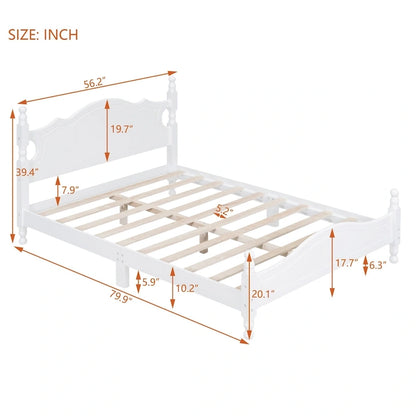 Full Size Wood Platform Bed Frame, Retro Style Upholstered Bed w/ Solid Wooden Slat Support, No Box Spring Needed, Easy Assembly