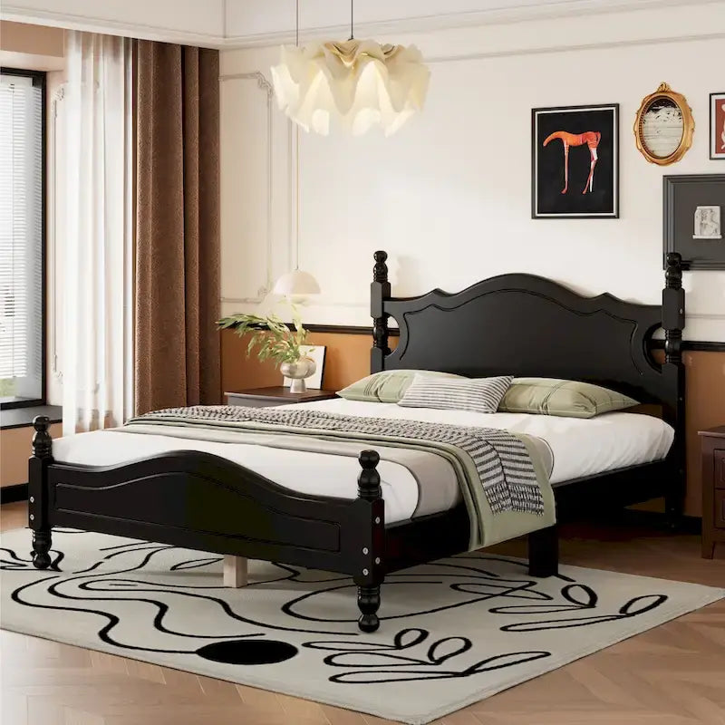Full Size Wood Platform Bed Frame, Retro Style Upholstered Bed w/ Solid Wooden Slat Support, No Box Spring Needed, Easy Assembly
