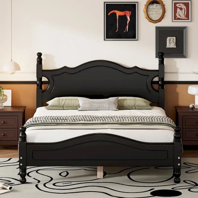 Full Size Wood Platform Bed Frame, Retro Style Upholstered Bed w/ Solid Wooden Slat Support, No Box Spring Needed, Easy Assembly