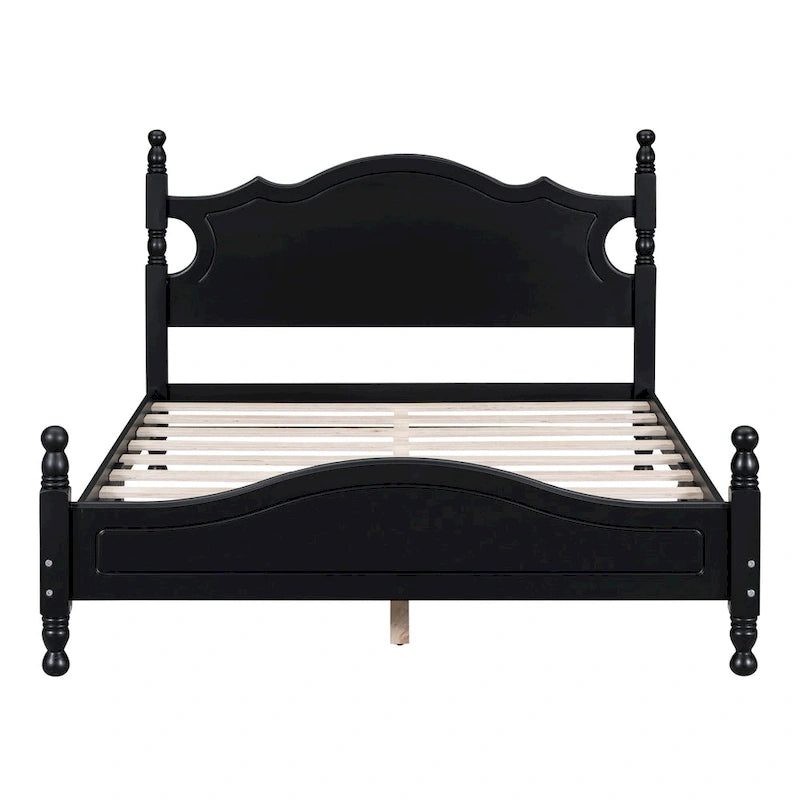 Full Size Wood Platform Bed Frame, Retro Style Upholstered Bed w/ Solid Wooden Slat Support, No Box Spring Needed, Easy Assembly