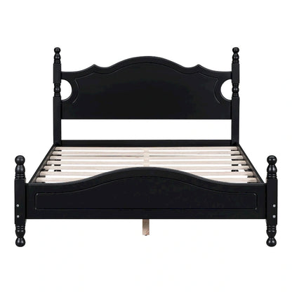 Full Size Wood Platform Bed Frame, Retro Style Upholstered Bed w/ Solid Wooden Slat Support, No Box Spring Needed, Easy Assembly