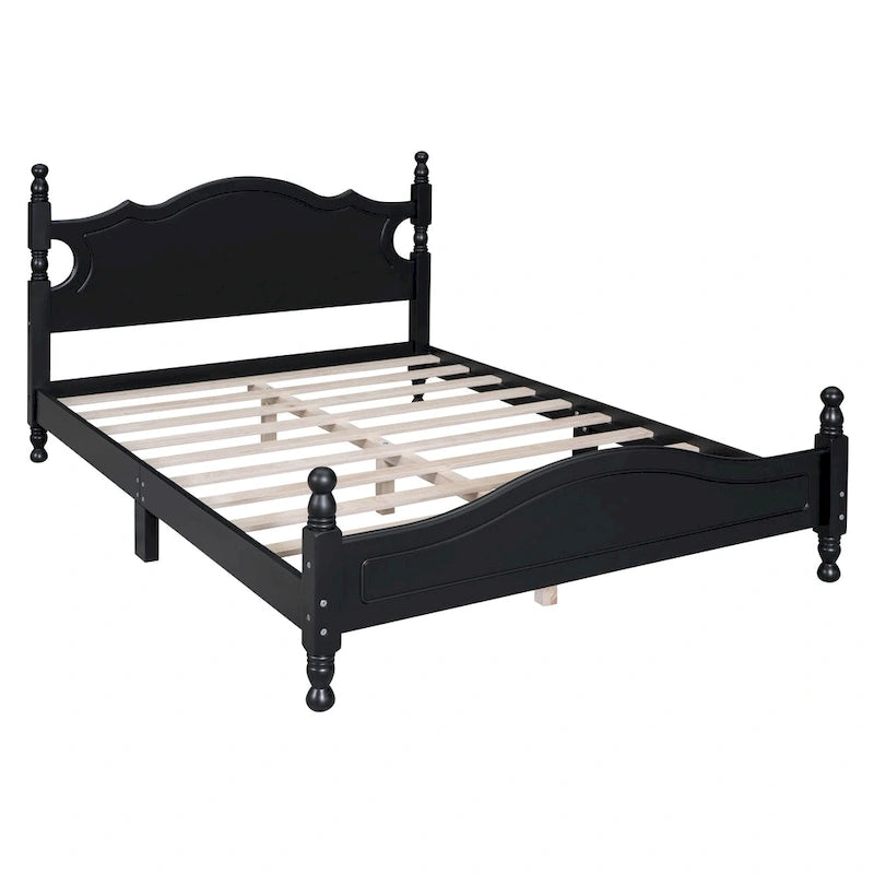 Full Size Wood Platform Bed Frame, Retro Style Upholstered Bed w/ Solid Wooden Slat Support, No Box Spring Needed, Easy Assembly