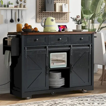53.7 Farmhouse Kitchen Island With Power Outlet, 2 Sliding Barn Door, Kitchen Storage Island With Drop Leaf, Spice Rack