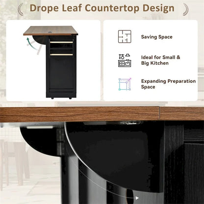 53.7 Farmhouse Kitchen Island With Power Outlet, 2 Sliding Barn Door, Kitchen Storage Island With Drop Leaf, Spice Rack