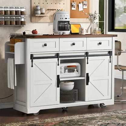 53.7 Farmhouse Kitchen Island With Power Outlet, 2 Sliding Barn Door, Kitchen Storage Island With Drop Leaf, Spice Rack
