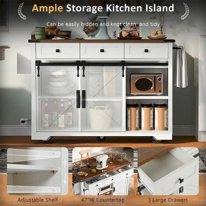 53.7 Farmhouse Kitchen Island With Power Outlet, 2 Sliding Barn Door, Kitchen Storage Island With Drop Leaf, Spice Rack