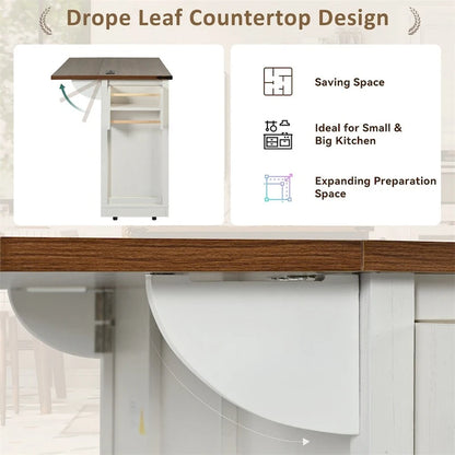 53.7 Farmhouse Kitchen Island With Power Outlet, 2 Sliding Barn Door, Kitchen Storage Island With Drop Leaf, Spice Rack