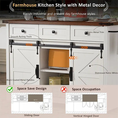 53.7 Farmhouse Kitchen Island With Power Outlet, 2 Sliding Barn Door, Kitchen Storage Island With Drop Leaf, Spice Rack