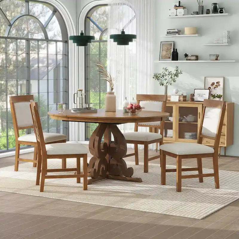Retro Functional Dining Set Extendable Dining Table and Chair Sets with Removable Folding Plates for Dining Room and Kitchen