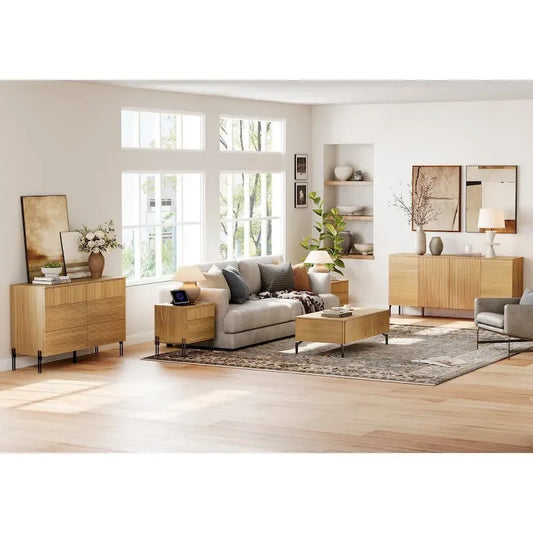 WAMPAT 4-Piece Bedroom Furniture Set, 47  Fluted 6 Drawer Dresser, 61  Buffet Sideboard, 2 Nightstand with Charging Station, Oak