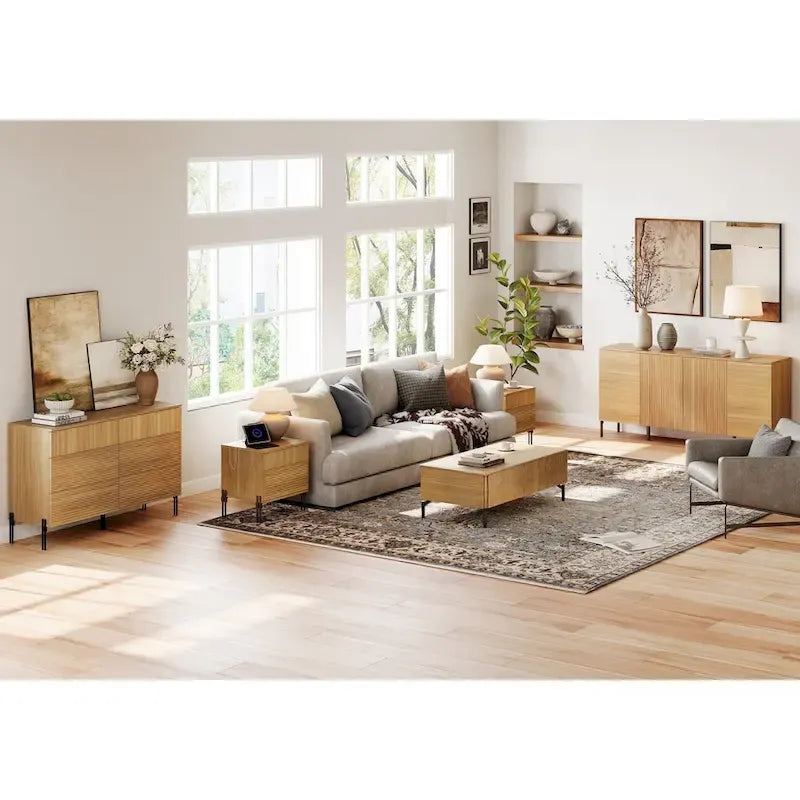 WAMPAT 4-Piece Bedroom Furniture Set, 47  Fluted 6 Drawer Dresser, 61  Buffet Sideboard, 2 Nightstand with Charging Station, Oak