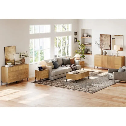 WAMPAT 4-Piece Bedroom Furniture Set, 47  Fluted 6 Drawer Dresser, 61  Buffet Sideboard, 2 Nightstand with Charging Station, Oak