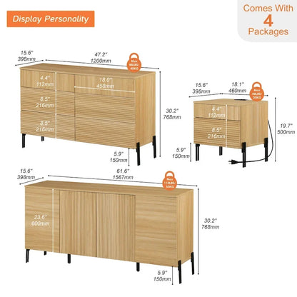 WAMPAT 4-Piece Bedroom Furniture Set, 47  Fluted 6 Drawer Dresser, 61  Buffet Sideboard, 2 Nightstand with Charging Station, Oak