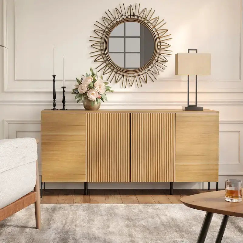 WAMPAT 4-Piece Bedroom Furniture Set, 47  Fluted 6 Drawer Dresser, 61  Buffet Sideboard, 2 Nightstand with Charging Station, Oak