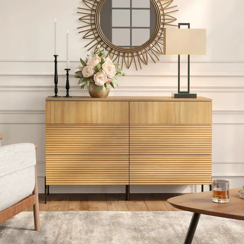 WAMPAT 4-Piece Bedroom Furniture Set, 47  Fluted 6 Drawer Dresser, 61  Buffet Sideboard, 2 Nightstand with Charging Station, Oak
