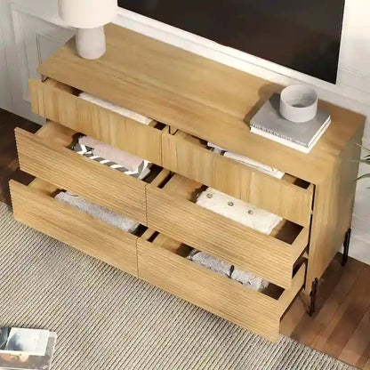 WAMPAT 4-Piece Bedroom Furniture Set, 47  Fluted 6 Drawer Dresser, 61  Buffet Sideboard, 2 Nightstand with Charging Station, Oak