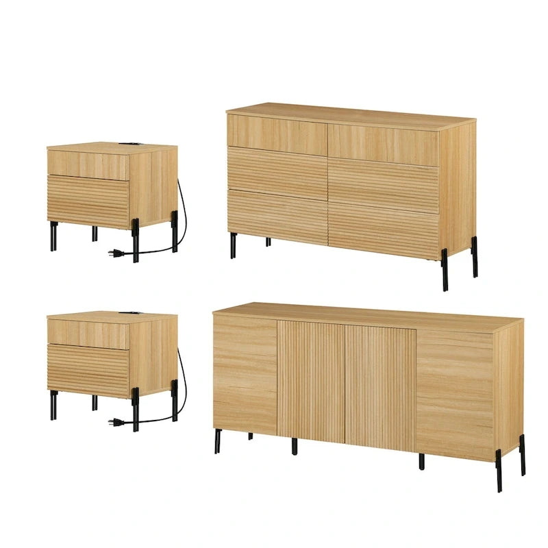 WAMPAT 4-Piece Bedroom Furniture Set, 47  Fluted 6 Drawer Dresser, 61  Buffet Sideboard, 2 Nightstand with Charging Station, Oak