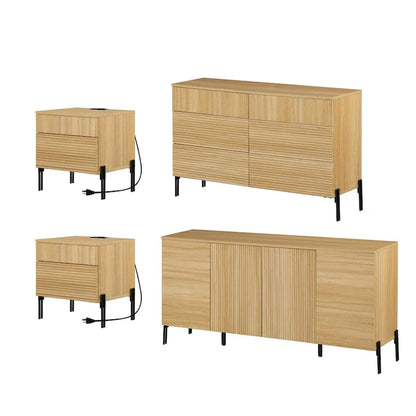 WAMPAT 4-Piece Bedroom Furniture Set, 47  Fluted 6 Drawer Dresser, 61  Buffet Sideboard, 2 Nightstand with Charging Station, Oak