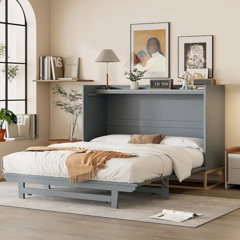 Queen Murphy Bed with Cabinet Design, Multi-Functional, 400lb Capacity