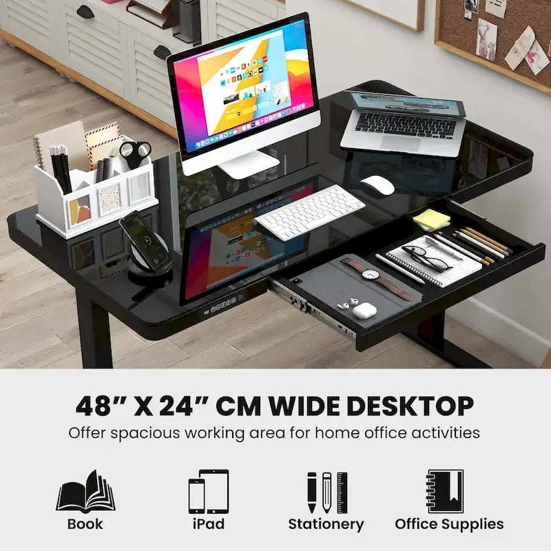 Costway 48  x 24  Whole-Piece Glass Standing Desk w/Drawers Writable